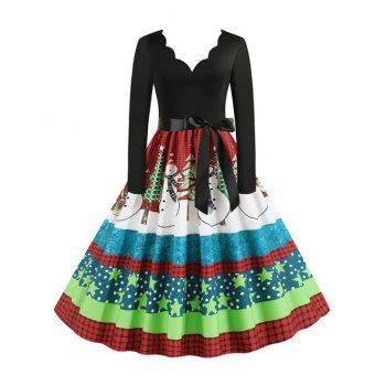 

Christmas Santa Claus Scalloped Belted Vintage Dress, Multicolor a
