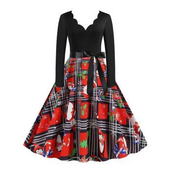 

Christmas Santa Claus Plaid Scalloped Belted Dress, Black