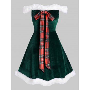 

Plus Size Faux Fur Insert Bowknot Velvet Christmas Dress, Deep green