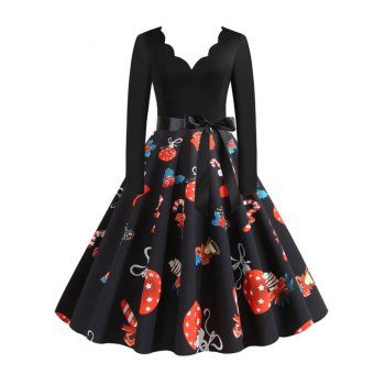 

Christmas Berry Santa Claus Gift Print Scalloped Dress, Multicolor a