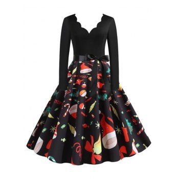 

Christmas Berry Santa Claus Gift Print Scalloped Dress, Multicolor b