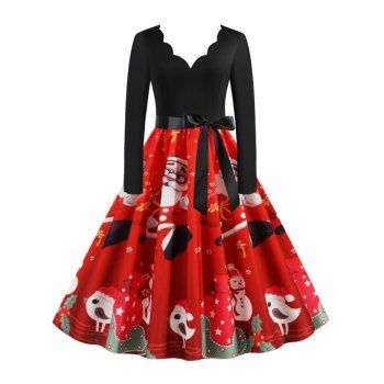 

Christmas Santa Claus Scalloped A Line Belted Vintage Dress, Red