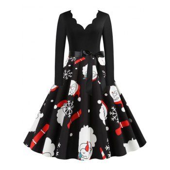 

Christmas Santa Claus Scalloped A Line Belted Vintage Dress, Black