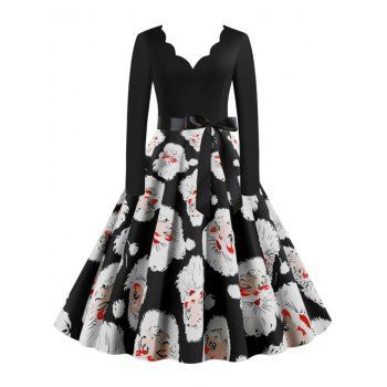 

Christmas Santa Claus Scalloped A Line Belted Vintage Dress, Natural black