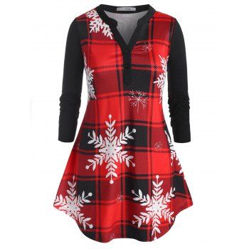 

Plus Size Plaid Snowflake Christmas Long Sleeve Tee, Red