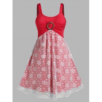 

Plus Size Lace Christmas Snowflake A Line Ruched Dress, Lava red