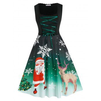 

Plus Size Lace-up Christmas Claus Snowflake Print Flared Dress, Deep green