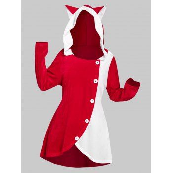 

Plus Size Hooded Cat Ear Velvet Two Tone Christmas T-shirt, Red