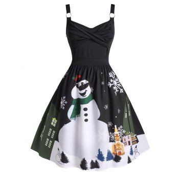 

Plus Size Twist Christmas Snowman Snowflake A Line Retro Dress, Black