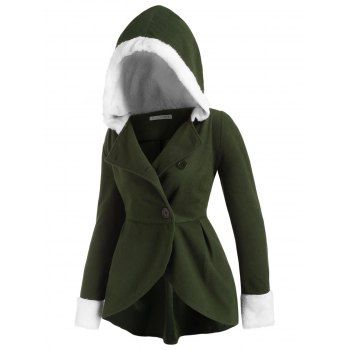 Fluffy Panel Hooded Wool Blend Plus Size Coat