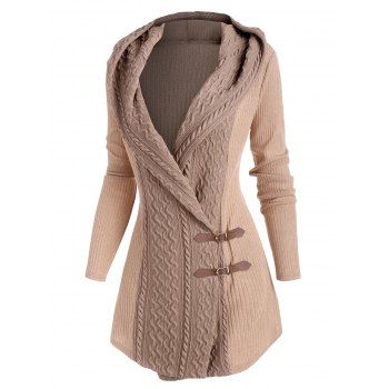 

Hooded Colorblock Buckle Front Cardigan, Light coffee