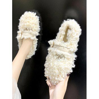

Teddy Faux Fur Buckle Strap Flat Shoes, Beige