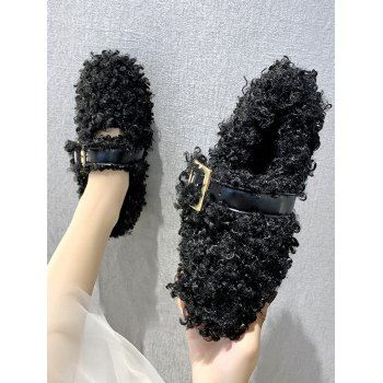 

Teddy Faux Fur Buckle Strap Flat Shoes, Black