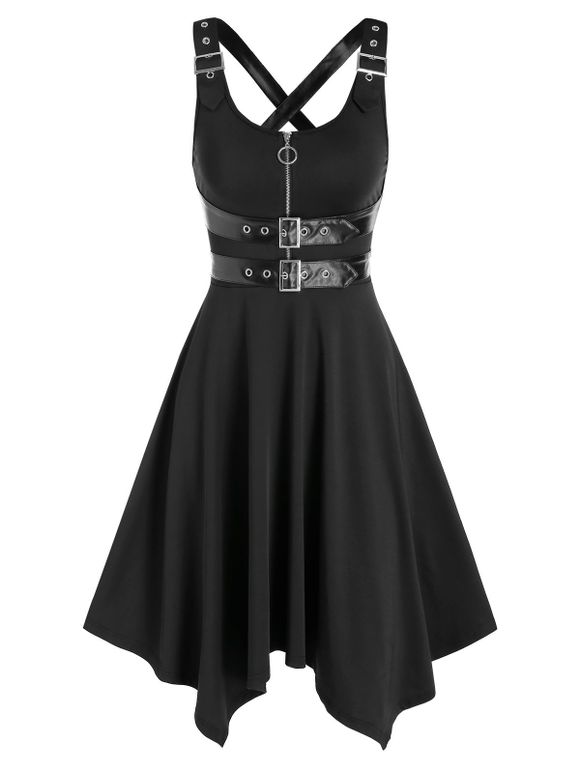 Robe Mouchoir à Bretelle Bouclée à Demi-Zip sans Manches - Noir M