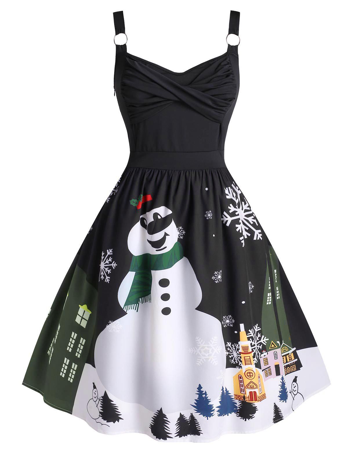 Plus Size Twist Christmas Snowman Snowflake A Line Retro Dress - BLACK 5X
