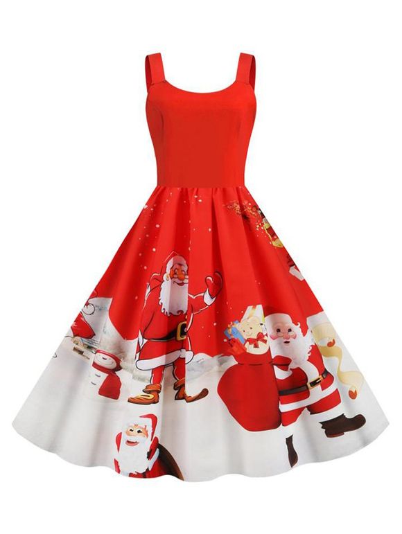 Robe à Imprimé Père Noël et Flocon de Neige sans Manches - Rouge XL