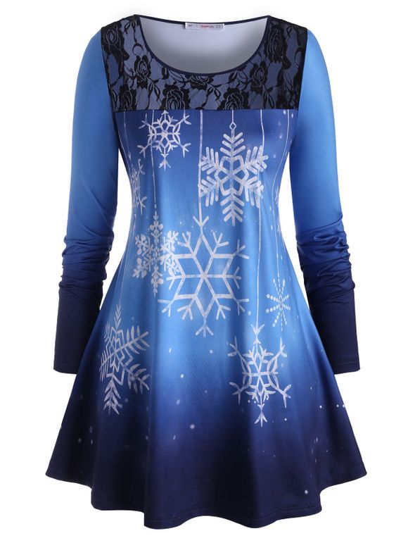 T-shirt Tunique Ombré à Flocon de Neige en Dentelle Insérée Grande Taille - Bleu 4X
