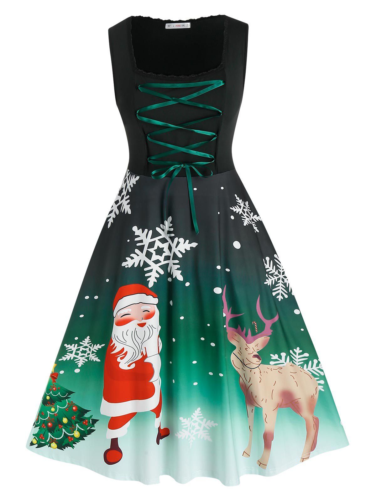 Plus Size Lace-up Christmas Claus Snowflake Print Flared Dress - DEEP GREEN 5X
