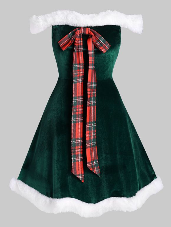 Plus Size Faux Fur Insert Bowknot Velvet Christmas Dress - DEEP GREEN 1X