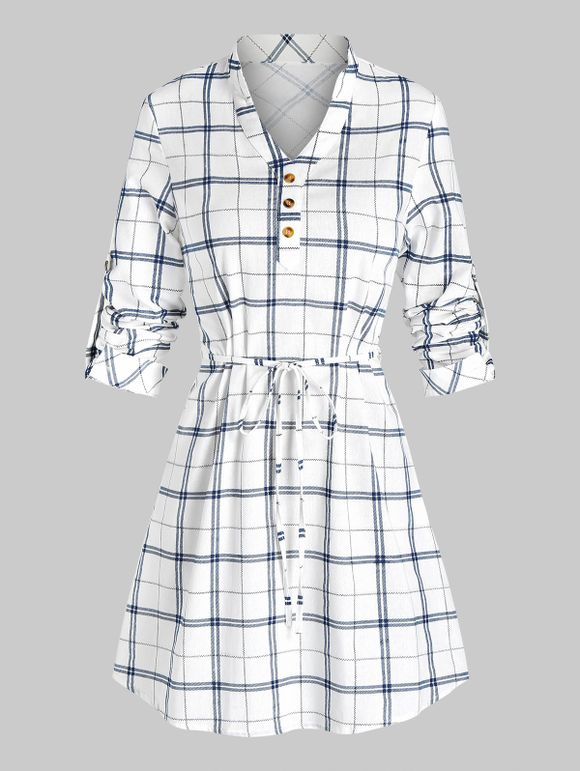 Robe Ceinturée à Carreaux Imprimée à Manches Longues - Blanc 2XL