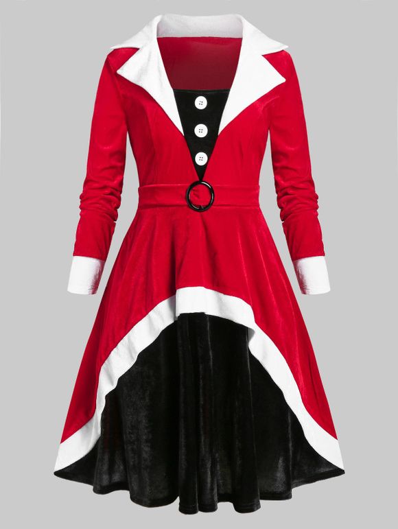 Robe de Noël Contrastée à Coupe Haute de Grande Taille en Velours - Rouge Saint Valentin 5X