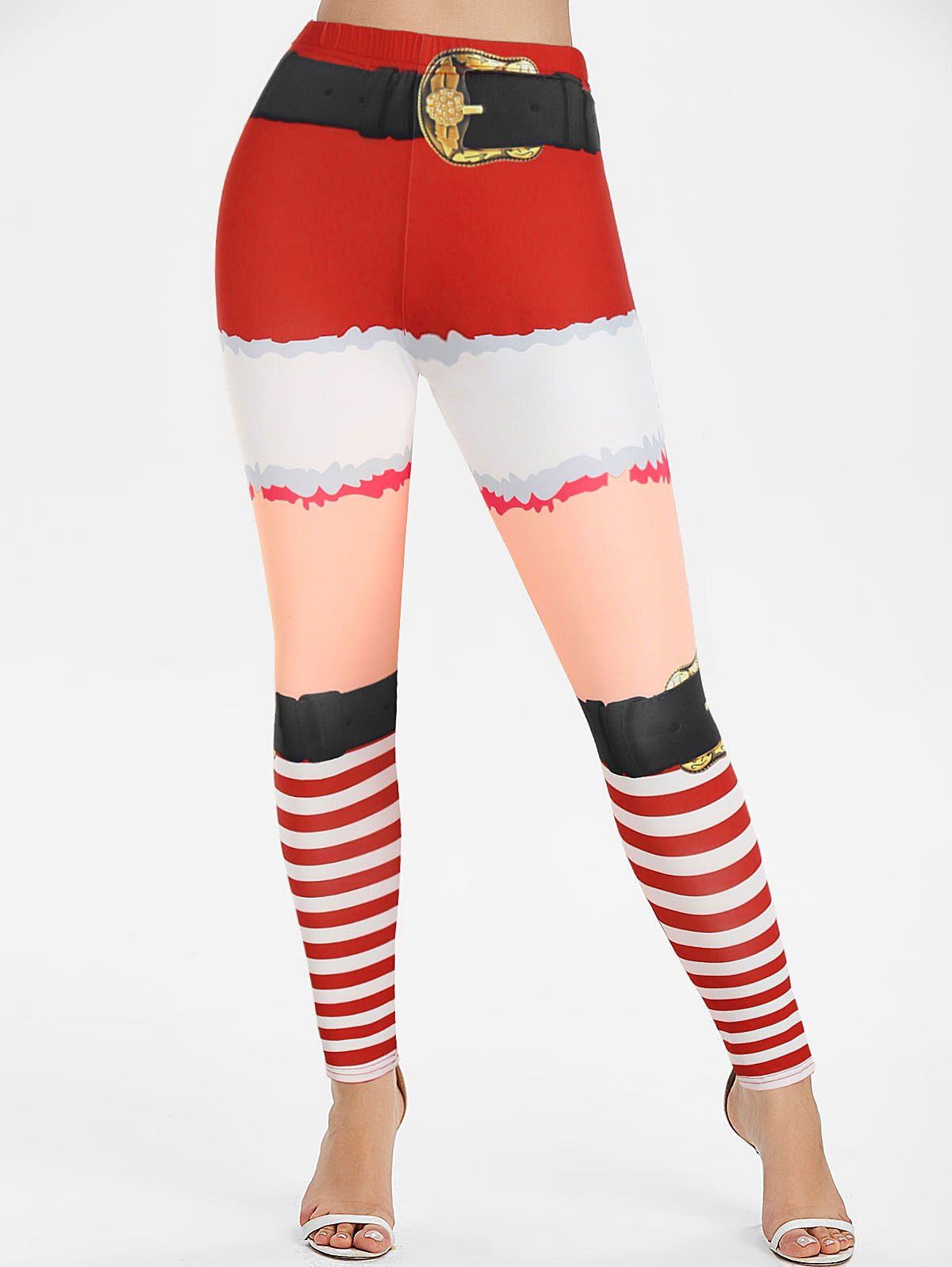 Christmas 3D Print Stripe Skinny Pants - RED M
