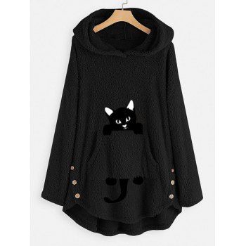 

Plus Size Cat Pattern High Low Plush Hoodie, Black