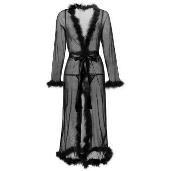 Plus Size Feather Trim Mesh Belted Lingerie Gown L Black