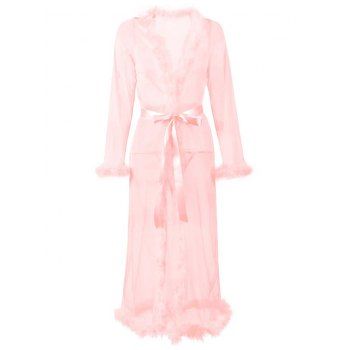 

Plus Size Feather Trim Mesh Belted Lingerie Gown, Light pink