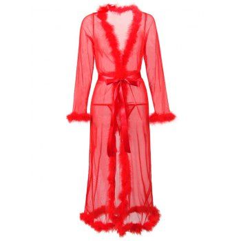 Plus Size Feather Trim Mesh Belted Lingerie Gown L Red