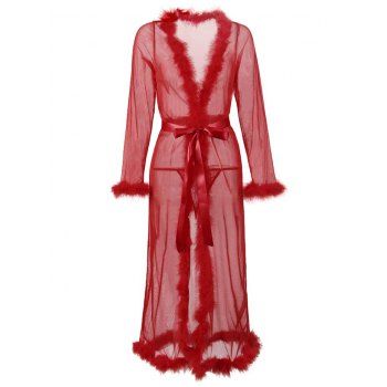 Image of Plus Size Feather Trim Mesh Belted Lingerie Gown