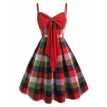 

Bowknot Plaid Cami Plus Size Mini Dress, Red