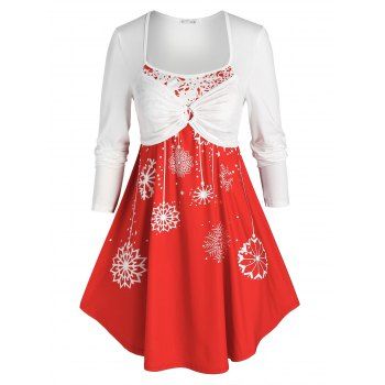 

Plus Size Christmas Snowflake 2 In 1 Long Sleeve Tee, Red