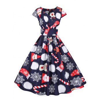

Christmas Santa Claus Elk Snowflake Surplice Dress, Midnight blue