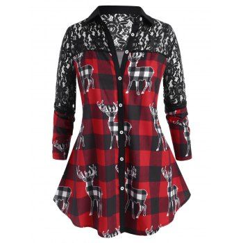 

Plaid Lace Panel Elk Print Christmas Plus Size Shirt, Red
