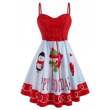 

Lace Up Christmas Snowman Santa Claus Plus Size Cami Dress, Red