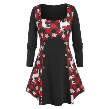 

Plus Size Christmas Elk Snowflake Plaid Lace Up T Shirt, Black