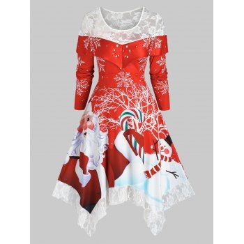 

Plus Size Christmas Claus Print Lace Insert Hanky Hem Dress, Red