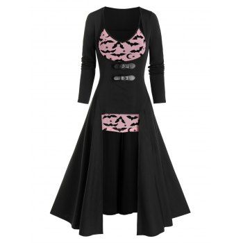 

Halloween High Low Buckles Top and Bat Print Mesh Camisole Set, Black