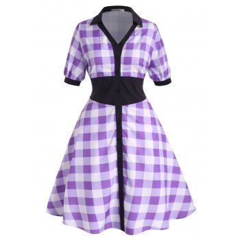 

Plaid Button Up Contrast Collar Plus Size Shirt Dress, Purple