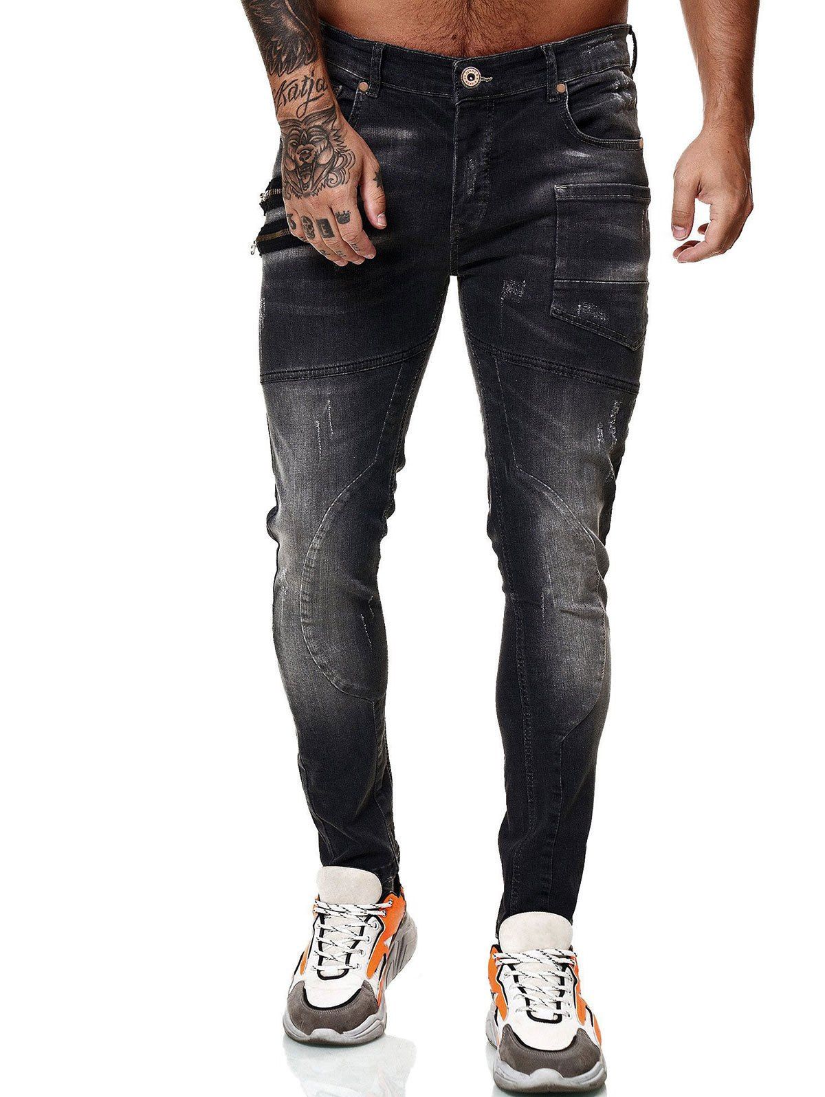 [36% OFF] 2021 Zipper Patch Scratch Long Jeans In BLACK | DressLily