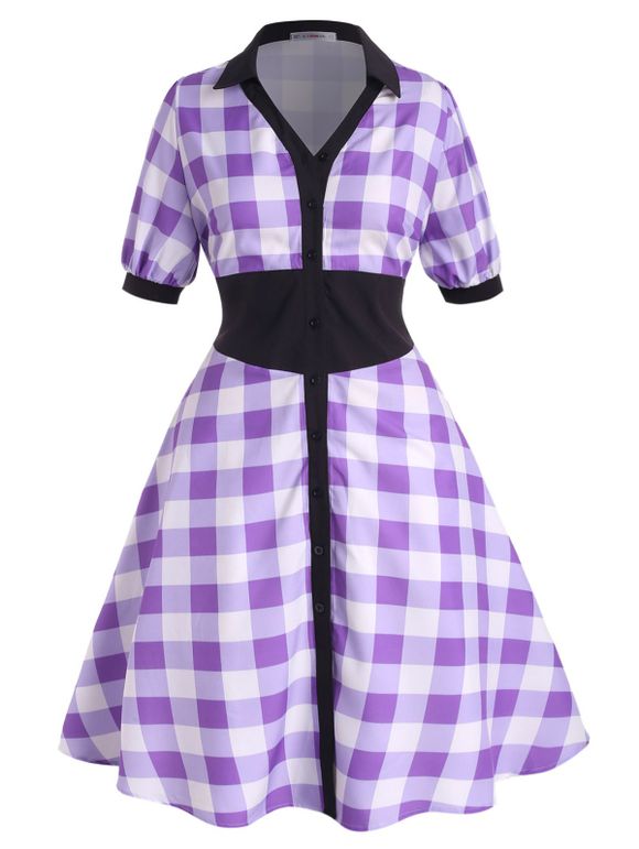 Robe Chemise Grande Taille Boutonnée à Carreaux à Col Contrasté - Pourpre 2X