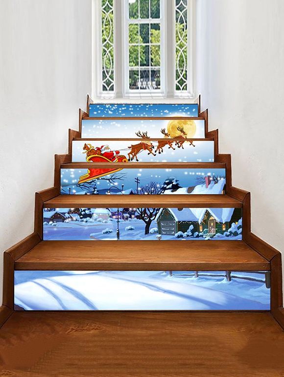Autocollant d'Escalier de Noël Décoratif Père Noël et Cerf Imprimés - multicolor 6PCS X 39 X 7 INCH( NO FRAME )