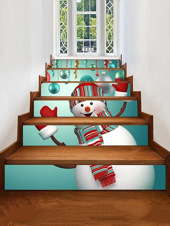 Autocollants d'Escalier Décoratifs Imprimé Bonhomme de Neige de Noël - multicolor 6PCS X 39 X 7 INCH( NO FRAME )