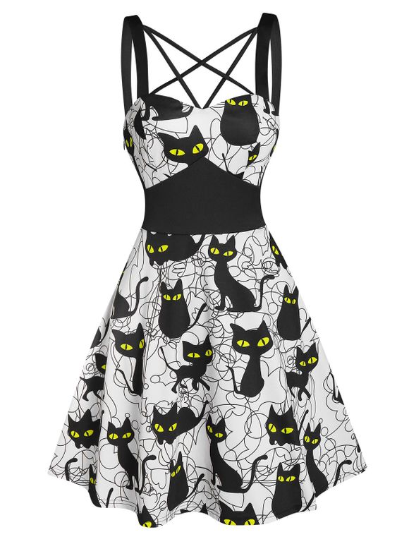 Robe d'Halloween Croisé Chat Imprimé à Bretelle - Blanc 3XL