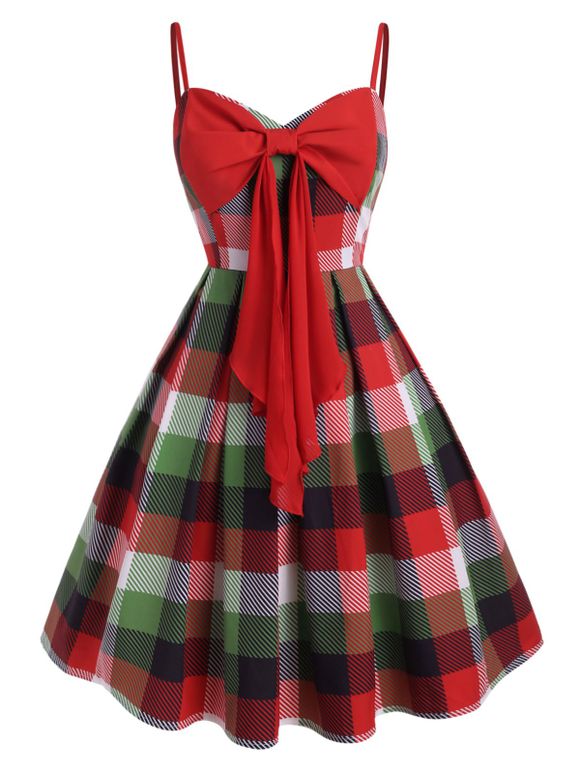 Mini Robe à Bretelle à Carreaux avec Nœud Papillon de Grande Taille - Rouge 2X