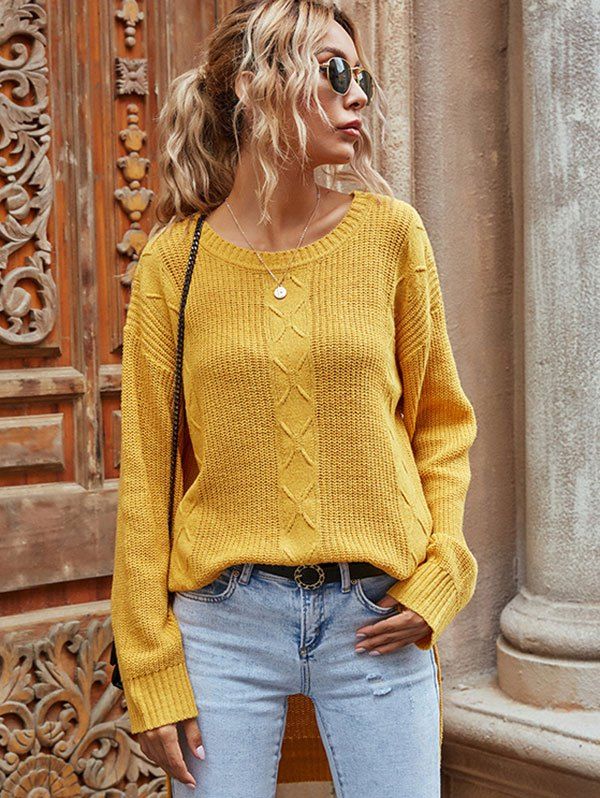 [30% OFF] 2021 Crewneck Side Slit Tunic Sweater In YELLOW | DressLily