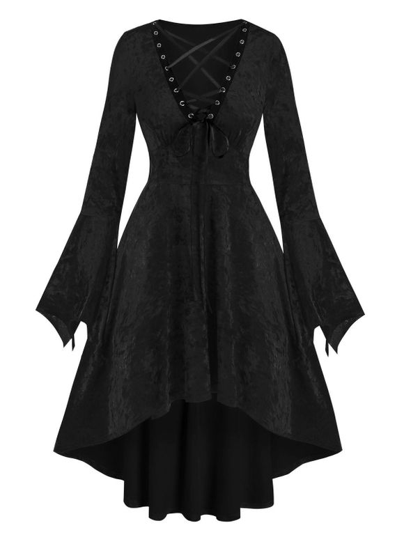 Robe Gothique Manches de Cloche à Taille Haute avec Lacets - Noir S