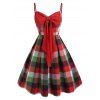 Mini Robe à Bretelle à Carreaux avec Nœud Papillon de Grande Taille - Rouge 2X