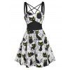 Robe d'Halloween Croisé Chat Imprimé à Bretelle - Blanc 3XL